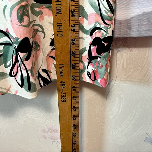 MADISON LEIGH Abstract Floral Sheath Dress Size 6 Belted Midi Stretch Cap Sleeve - Picture 11 of 13